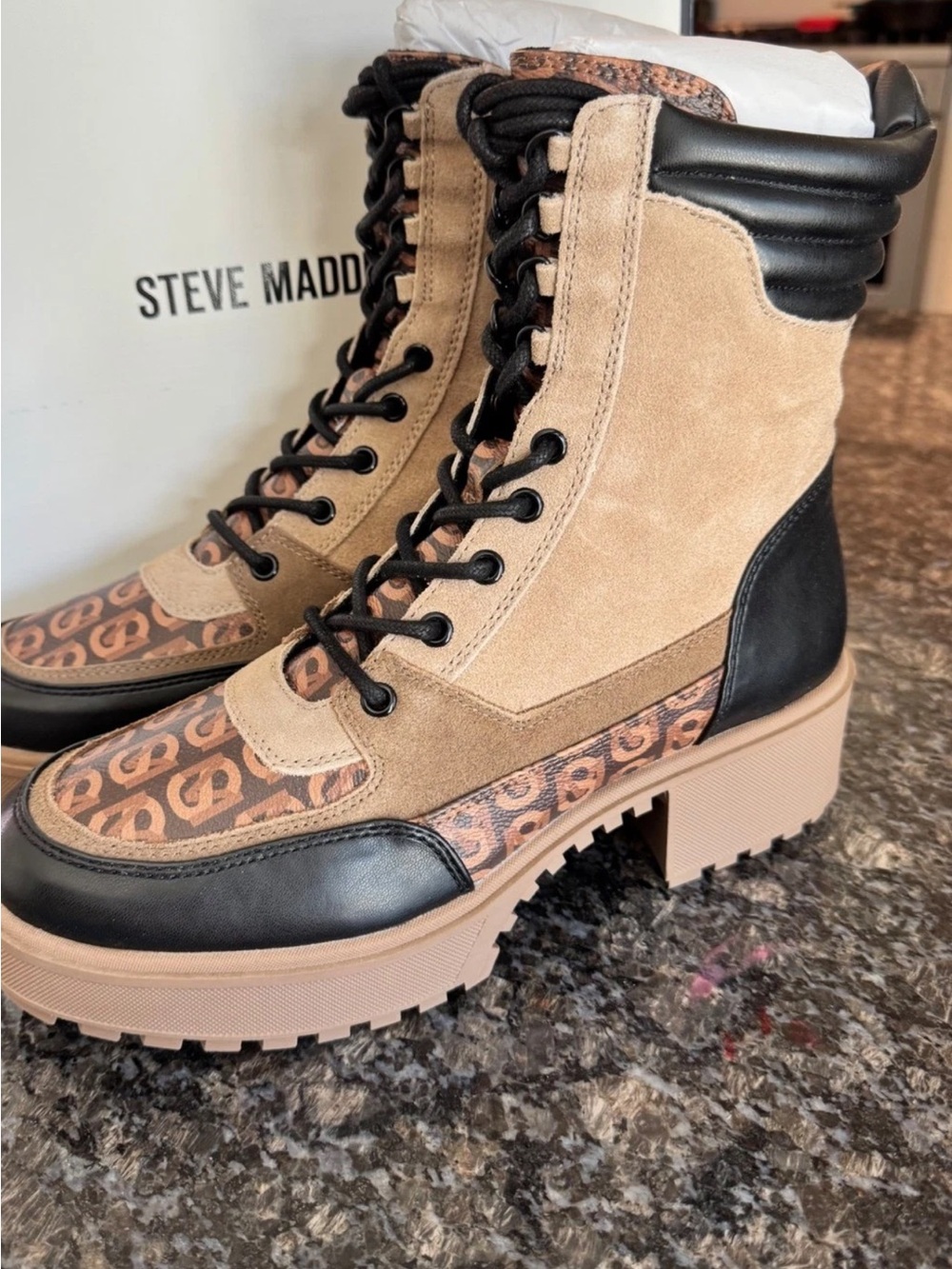 Steve Madden Tan Suede, Black & Brown Lace-Up Combat Boots